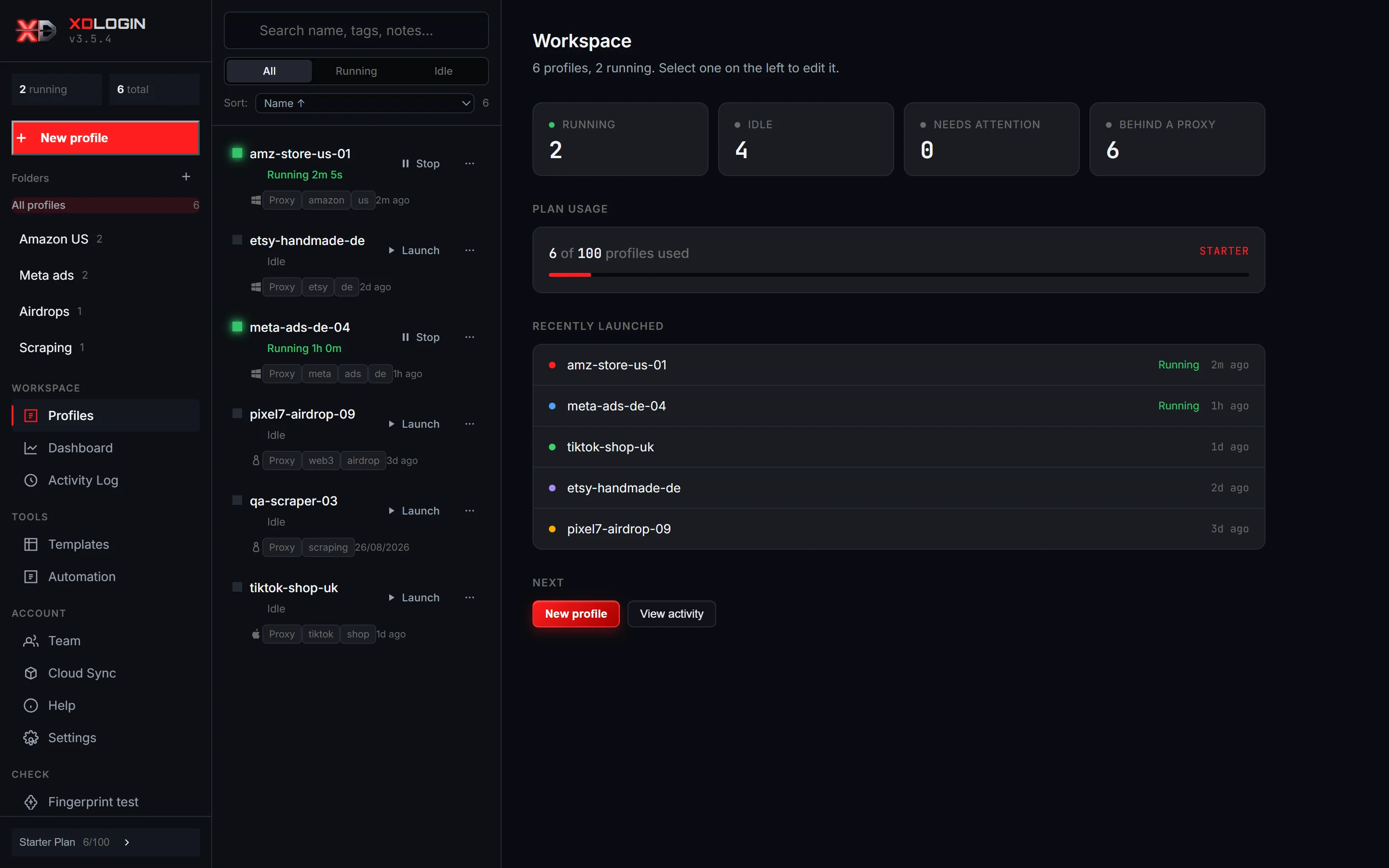 XDLogin 3.5.4 profile workspace: folders on the left, a list of six profiles with proxy and OS tags, and a workspace summary showing two running profiles and plan usage